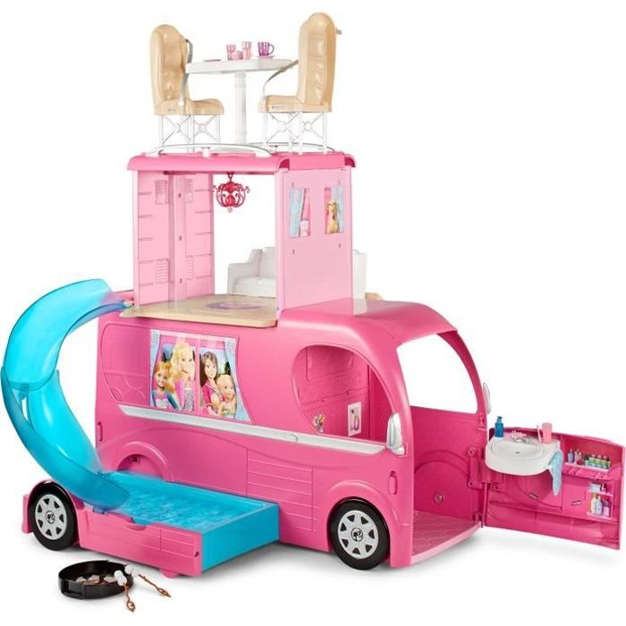 Barbie Mobilier Camping-Car Duplex pour poupées, véhicule rose à deux étages avec quatre couchages, piscine et toboggan, jouet po