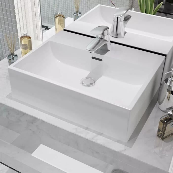 joli3297 Vasque avec Magnifique- Lavabo à poser Vasque à Poser Éviers et lavabos Vasque avec trou - de robinet en céramique Blanc 5