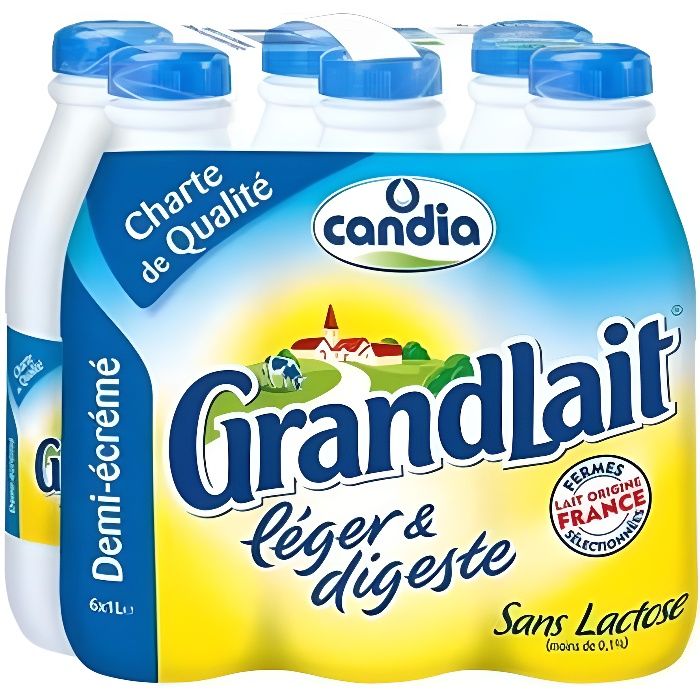 Candia - Candia GrandLait demi-écrémé léger et digeste 1L (pack de 6)