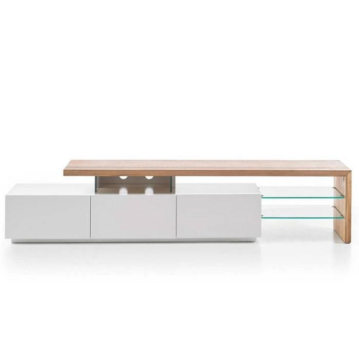 Meuble TV design ALRIK 3 tiroirs structure laquée blanc mat plateau décor chêne blanc Bois Inside75