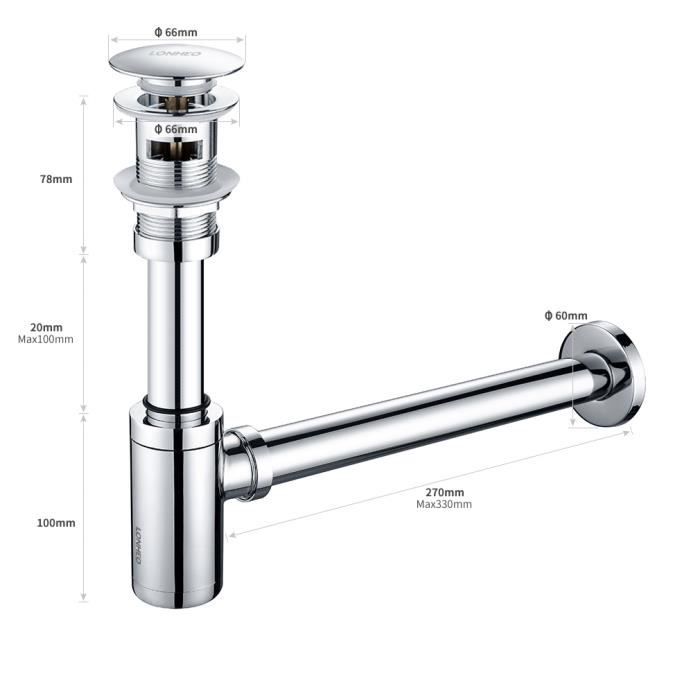 Lonheo Bonde Siphon de Lavabo Chromé Grande Surface Bonde Trop-Plein Automatique et Tube de Siphon en Acier Inox Anti-odeur
