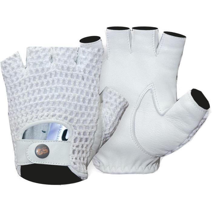 Gants de Conduite Mitaine - Sans doigts - Demi-doigts en Cuir Sans Doublure à Crochet de Coton Sur le Dos Hommes en Blanc Taille L