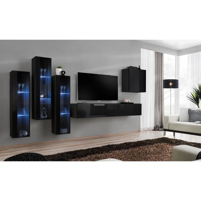 Ensemble meuble salon mural SWITCH XIII design, coloris noir brillant. 40 Noir