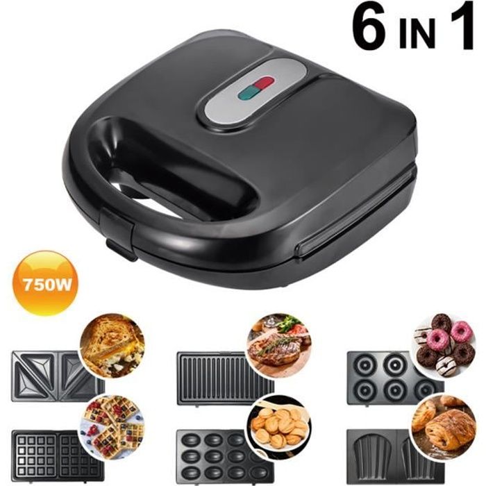 PRUMYA Gaufrier multifonction, Croque Monsieur, Grill et Gaufrier 6 en 1, Grande Puissance de 750W, Noir