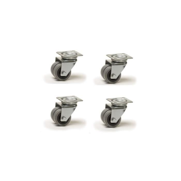 Lot roulettes pivotantes jumelées caoutchouc gris 50 mm - 180 Kg