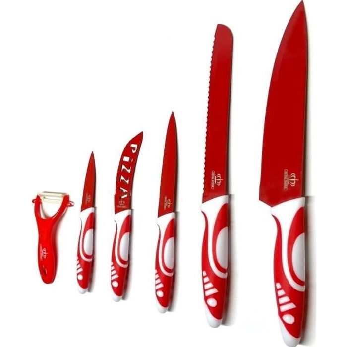 Set Couteaux de Cuisine - Ensemble de Couteaux Pro - Couteaux de Chef 6 Pcs en Céramique avec Eplucheur - Rouge