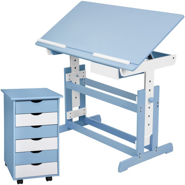 TECTAKE Ensemble Bureau Réglable en Hauteur et Inclinable Enfant et Caisson à Roulettes de Bureau 6 Tiroirs Blanc et Bleu
