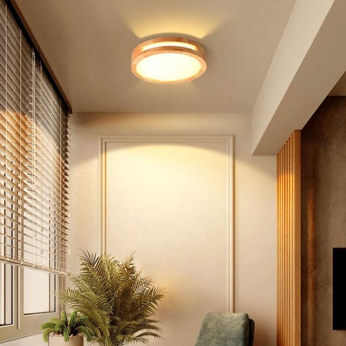 WOTTES Plafonnier LED en bois 30CM Rond Plafonnier LED Salon Blanc Chaud Plafonnier en chêne Rond Lampe en bois pour balcon