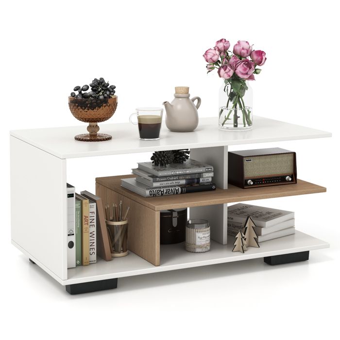 Table Basse à 3 Niveaux avec Rangement COSTWAY Etagère Centrale en ‘L’ pour Salon Bureau Chambre 90 x 50 x 42 cm Blanc