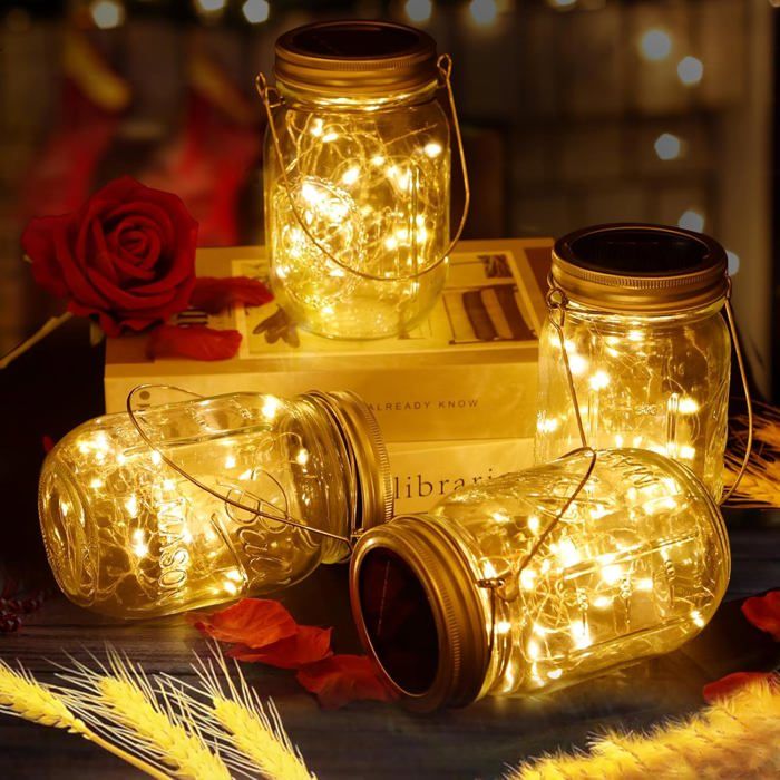 4PCS Lanterne Solaire Exterieur Jardin 30 LED Lanterne Lampe Solaire Exterieur IP65 Imperméable à leau Mason Jar Lampes Lampe