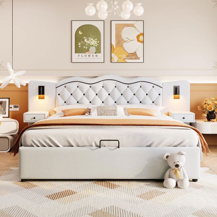 Lit double coffre 180x200 cm lit rembourré connecteur USB 2 lampes de chevet Beige