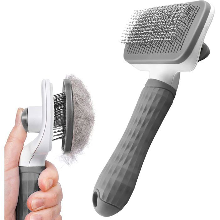 Comparer les prix de ®RisingFF Outil de toilettage pour animaux avec bouton de nettoyage brosse démêlante pour poils (gris)