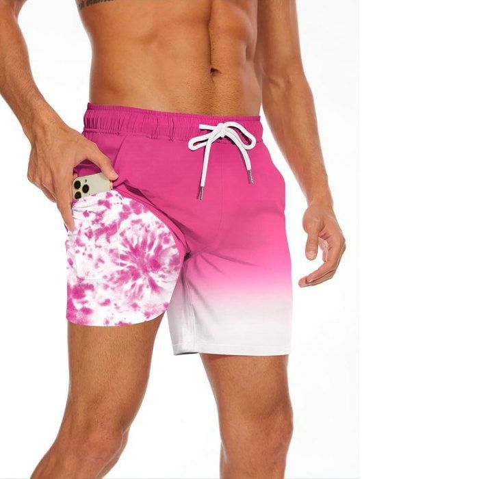 Short de Bain Homme 2 en 1 Avec Doublure de Compression Short de Plage Séchage Rapide Couleur Dégradé Avec Poches - Rose