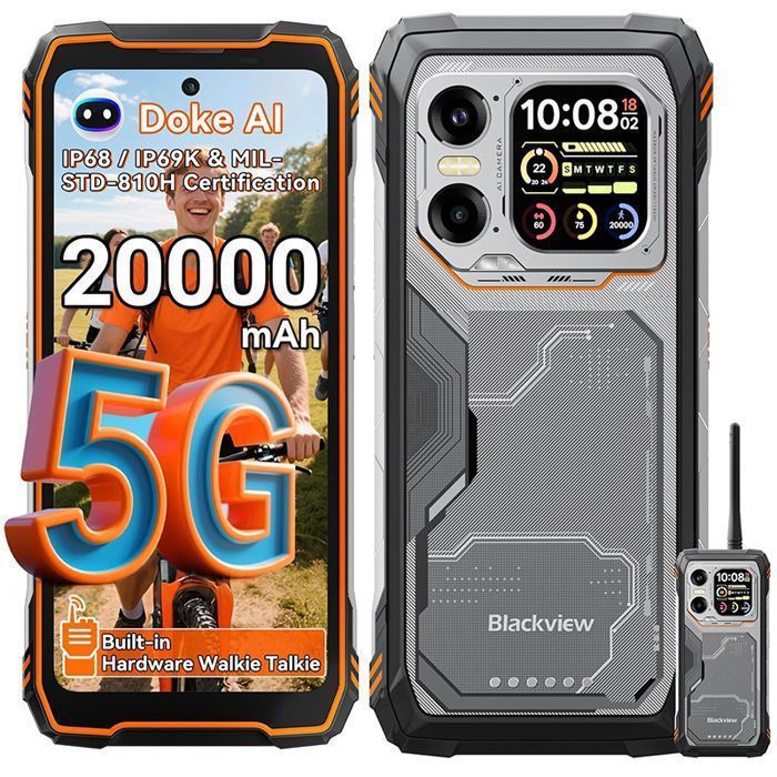 5G Téléphone Portable Incassable Blackview XPLORE 1 Walkie Talkie 36Go+256Go/2To Android 15 6.78 NFC/AI/Dual SIM - Orange