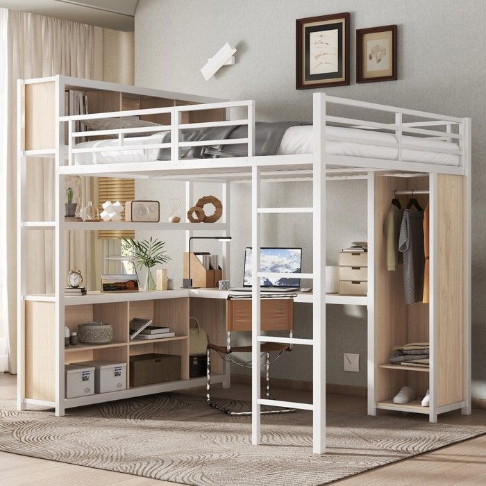 Lit mezzanine enfant 140x200 cm Lit adulte Lit loft en fer avec bureau étagère amoire compartiments et sommiers à lattes - blanc