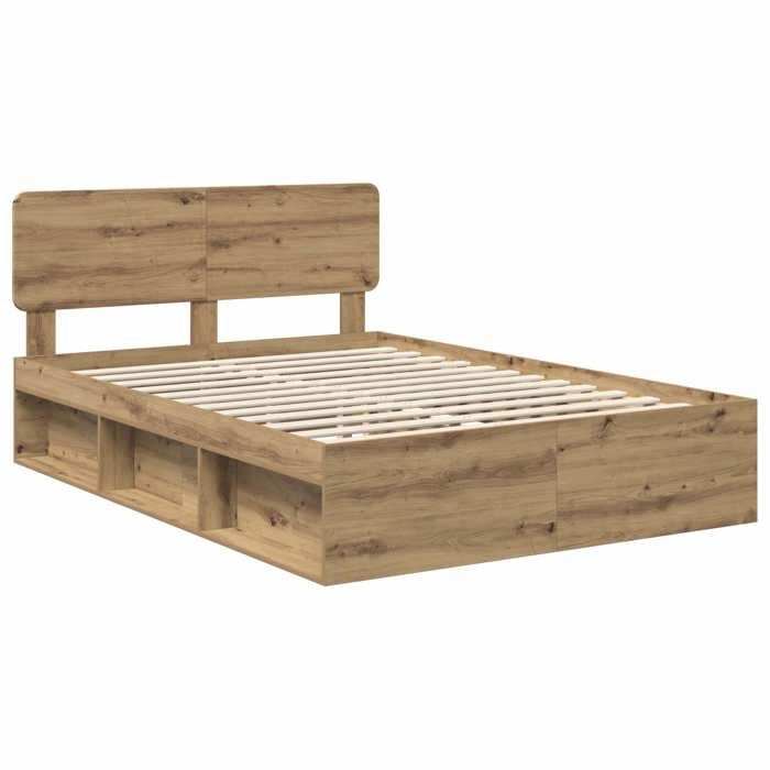 Structure de lit en bois - UU - Chêne artisan - Pin massif - 150x200 cm - 206x153x90 cm - Cadre à lattes