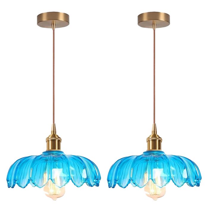 iDEGU 2x Lustre ModerneLampe de Plafond Vintage Abat-jour en Verre Design Fleurs Bleu E27 Suspension Luminaire Style Nordique25cm