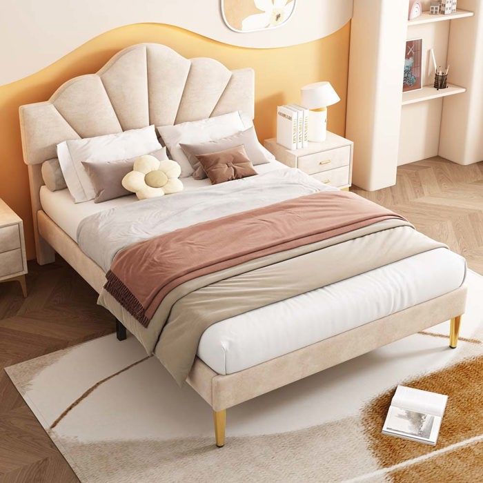 Lit adulte - Structure de lit double 140 x 190 cm - Tête de lit réglable - Tissu velours beige - Sommier à lattes inclus