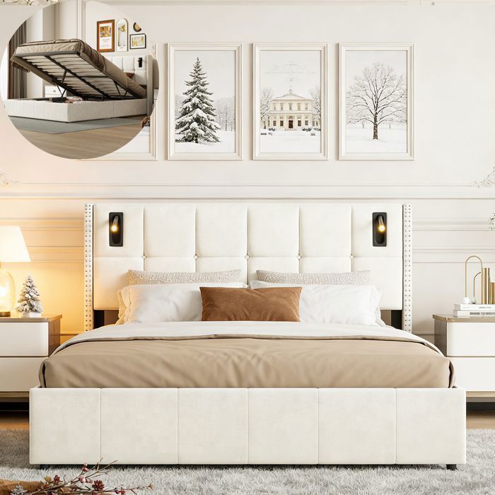 Lit 140x190 cm NMONET lampes de lecture sommier à lattes tissu en velours cadre de litcoffre 140x190 coffre beige