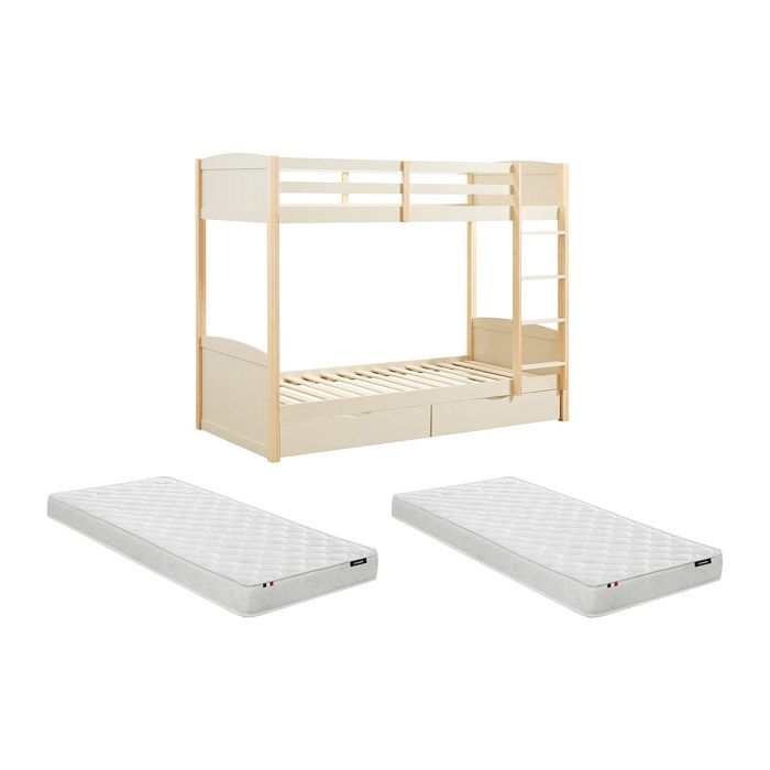 Lits superposés 2 x 90 x 200 cm - 2 tiroirs - Pin et MDF – Beige et naturel + Matelas - LIMODARA