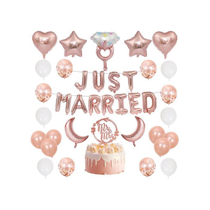 Kit de décorations de mariage - Just Married Yootiko - 41 pièces - Rose Gold et blanc - Ballons cœur/étoile/lune (confettis)