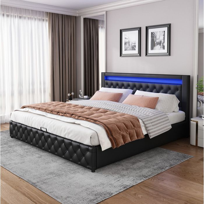 Lit double noir 140×200 cm avec sommier inclus coffre de rangement et LED structure solide montage nécessaire