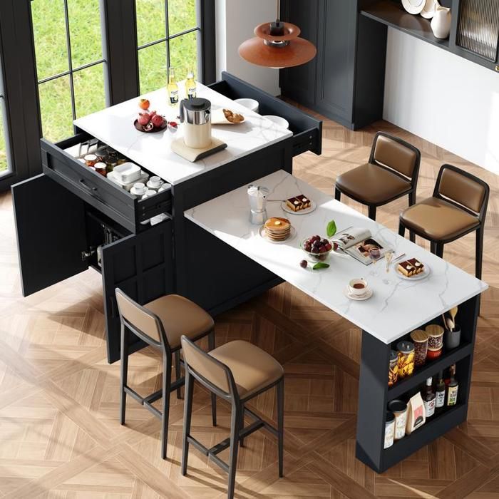 Îlot de cuisine à rallonge 133-202×70×93.5 cm avec 2 tiroirs et 4 compartiments Buffet de cuisine avec tablettes latérales Noir