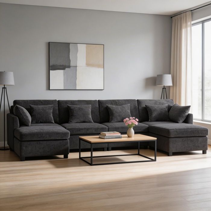 Canapé - MINIMAL - Canapé modulaire convertible U/L - 6 places - Tissu chenille - 2 poufs modulables