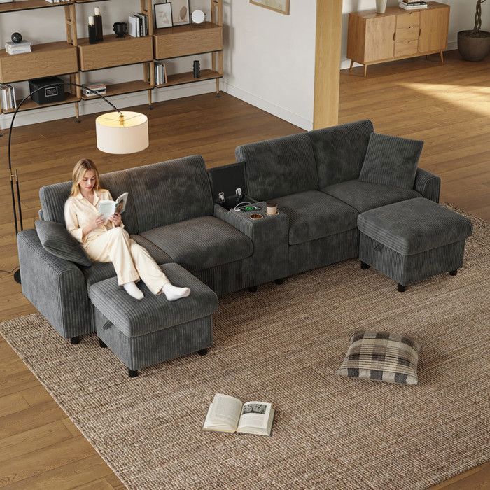 Canapé Convertible 4 Places en U avec USB et Porte-Gobelet Canapé dangle avec Repose-Pieds de Rangement Canapé Modulable Gris