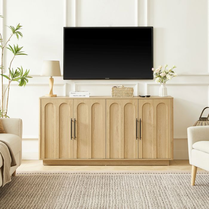 Buffet de rangement 160 x 40 x 80 cm à 4 portesfaçades arquées soft-close salon salle à manger MDF naturel