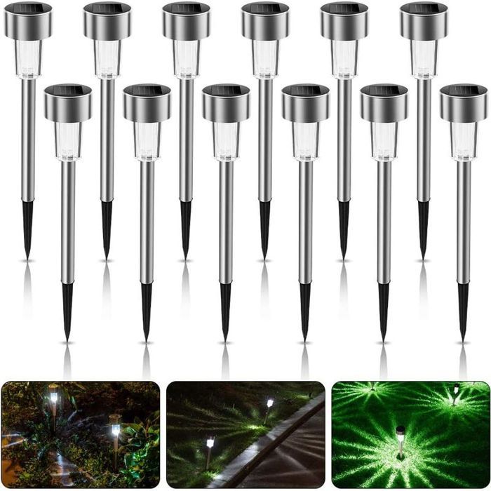 Lot 12 lumières solaires extérieures IP65 inox sans fil idéales allée/jardin