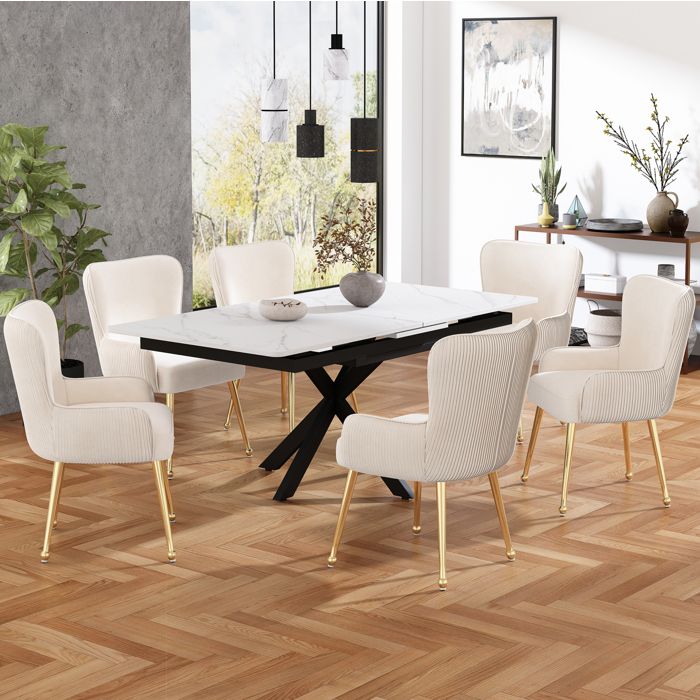 Chaises de salle à manger lot de 6 avec accoudoirs et soutien lombaire - ELVMI - pieds réglables velours beige et or