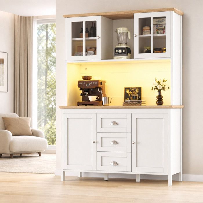 ELVORIN Buffet haut de rangement 120 x 40 x 179 cm 4 portes 3 tiroirs eclairage LED USB blanc