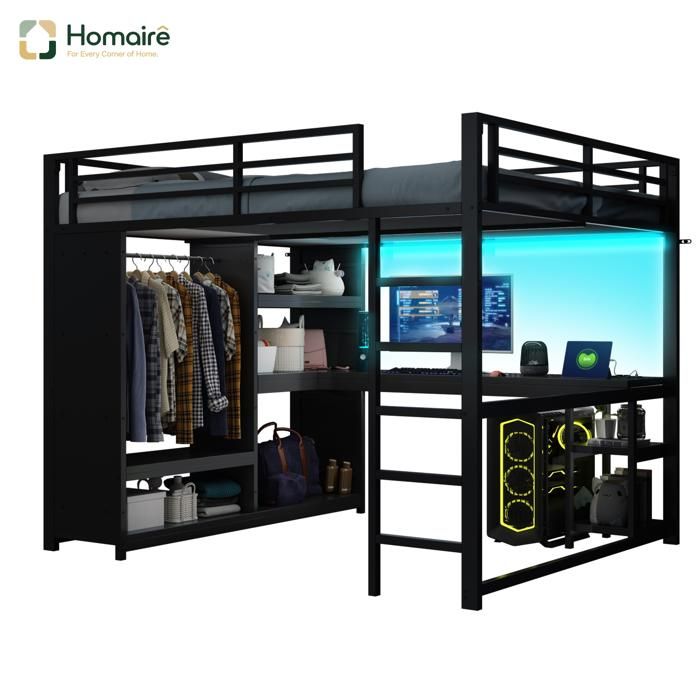 Lit loft à rangement avec bureau LED Bluetooth en métal MDF style moderne HOMAIRE