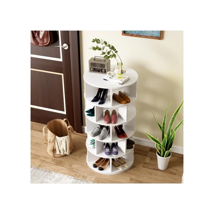 Étagère à chaussures pivotante blanche 60x115cm-5 niveaux design rotatif 360° rangement gain de place pour chaussures/plantes/livres