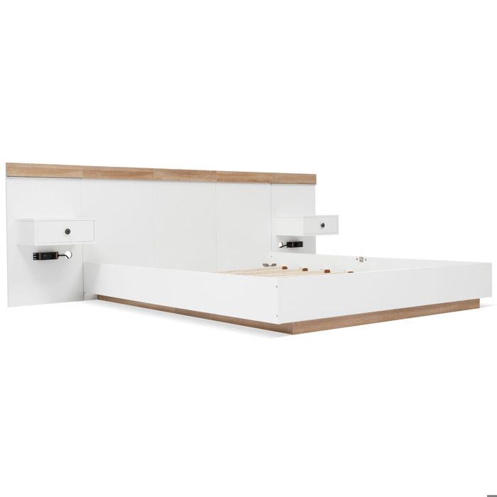Lit combiné ZUONCEGLNG 68232430AAW sans matelas rangements LED bois blanc et chêne 140 x 200 cm