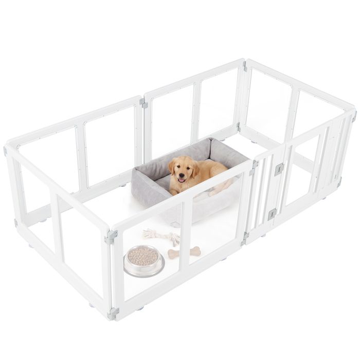 Barrière de Sécurité Modulable pour Animaux COSTWAY 6 Panneaux en HDPE Porte Verrouillable Intérieur/Extérieur Ventouses Piquets