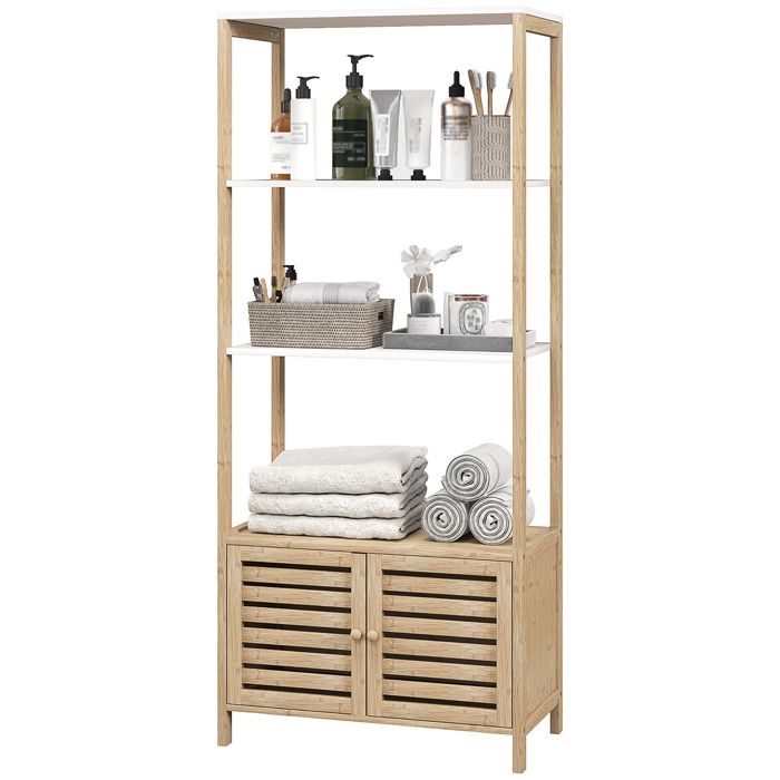 Colonne de salle de bain armoire de rangement en bambou 3 étagères 1 placard 63 x 30 x 138 cm bois naturel et blanc