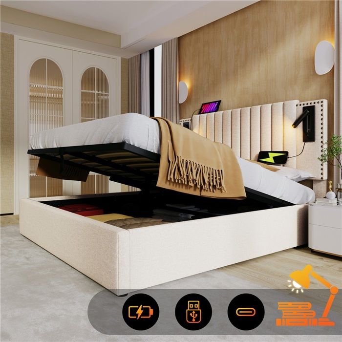 Lit rembourré 160x200 cm beige coton avec coffre rangement lampe lecture USB et tête cloutée sans matelas Lit rembourré 160x200 cm beige coton avec coffre rangement lampe lecture USB et tête cloutée sans matelas