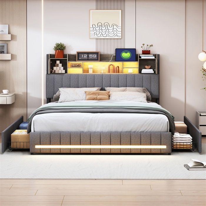 Lit 160x200cm - Lit double 160x200cm - Lit avec tête de lit en tissu lin 4 tiroirs LED RVB et ports USB Type-C - Gris
