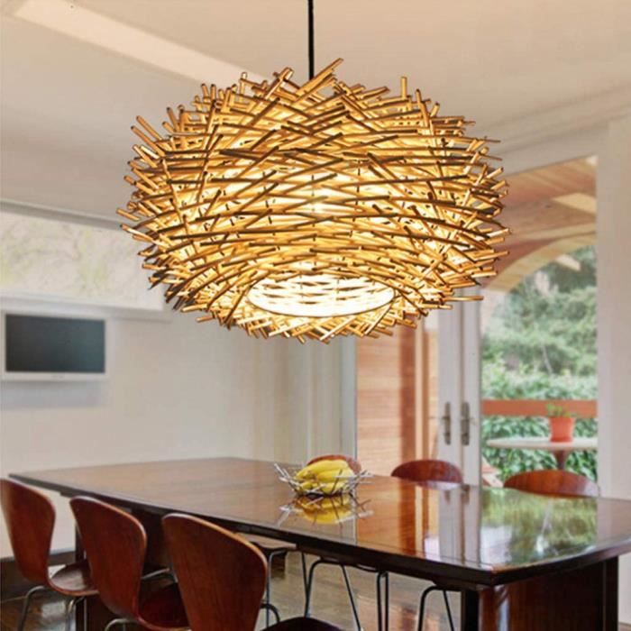 Lustre Pendentif LED Lumière Branches Rotin Tissés Main E27 Réglable En