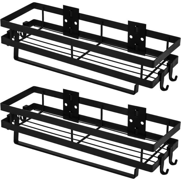 Étagère à Épices Murale Sans Perçage – 35 Cm Noir, Avec Porte-Rouleau Et 4 Crochets, Rangement Cuisine Pratique Et Solide