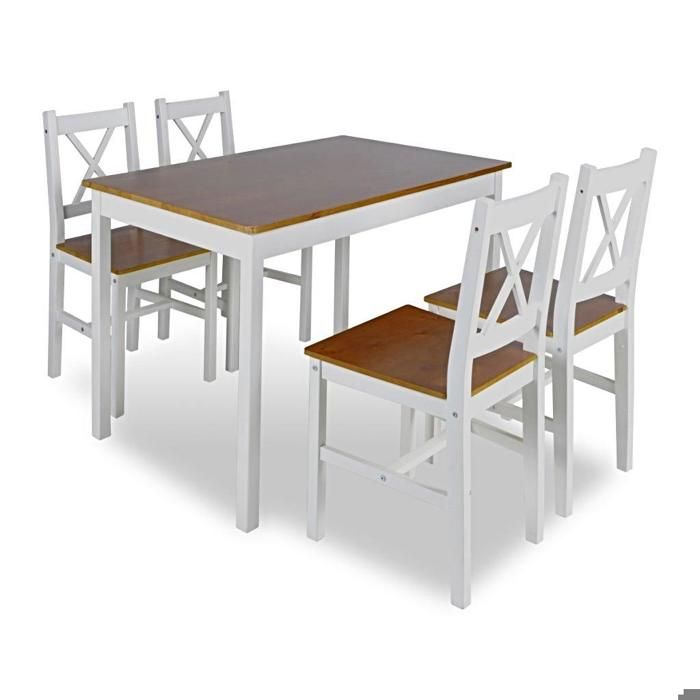 Ensemble table salle à manger 108 cm salon en bois de pin + 4 chaises blanc et marron 0902032