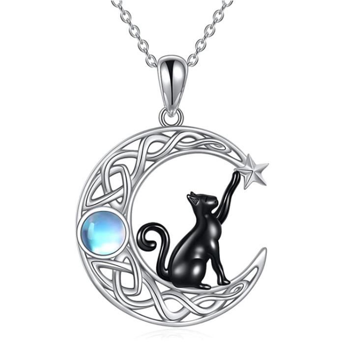 Collier Long Fantaisie Argenté Avec Chat, Pierre Et Strass Blanc - Neuf Avec étiquettes