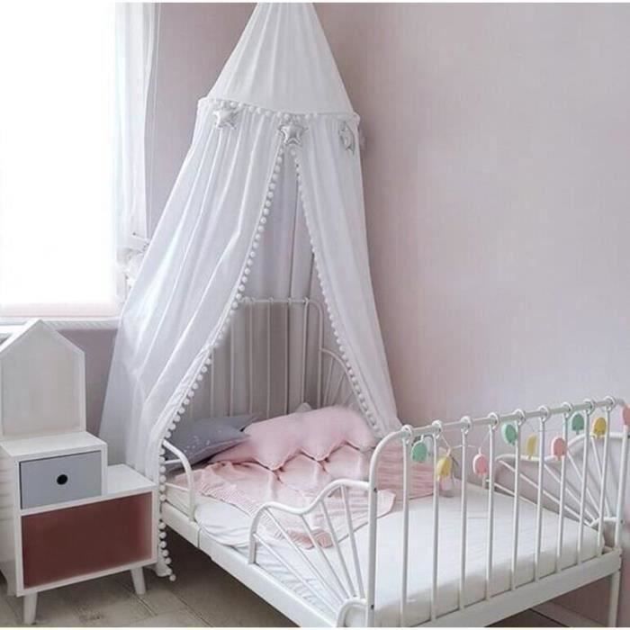 Baldaquin Lit Enfant Avec Moustiquaire – Style Nordique, Drapeaux Et Pompons – Coton Tencel – Pour Lit 1 à 1,5 M