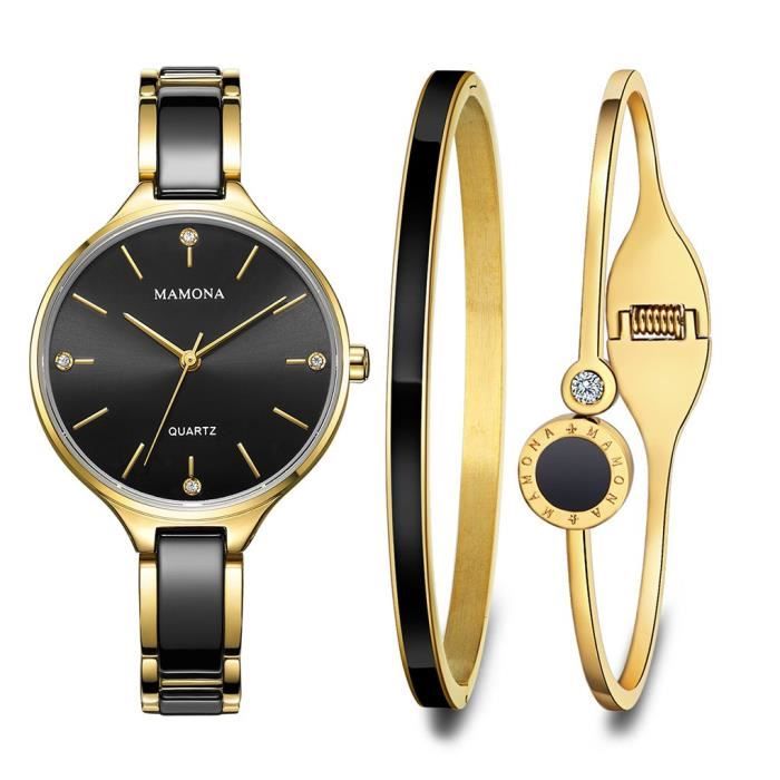 MAMONA Ensemble cadeau montre pour femme et bracelets noirs