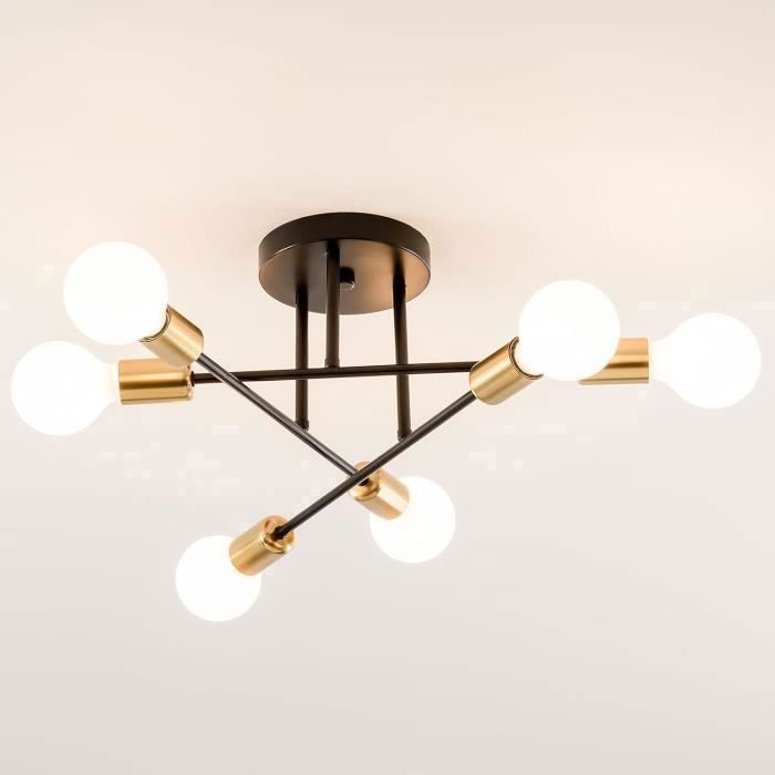DELIPOP Plafonnier Industriel rétro - E27 Lustre de plafond vintage pour Cuisine Salle à Manger Salon Chambre - 6 Têtes - Noir + or
