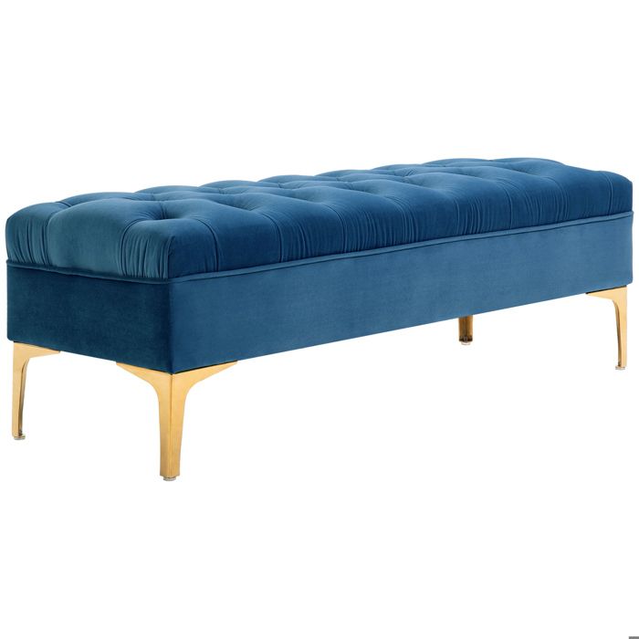 Banc bout de lit - HOMCOM - banquette capitonnée style classique chic velours doré - bois - 118x45x42cm - bleu