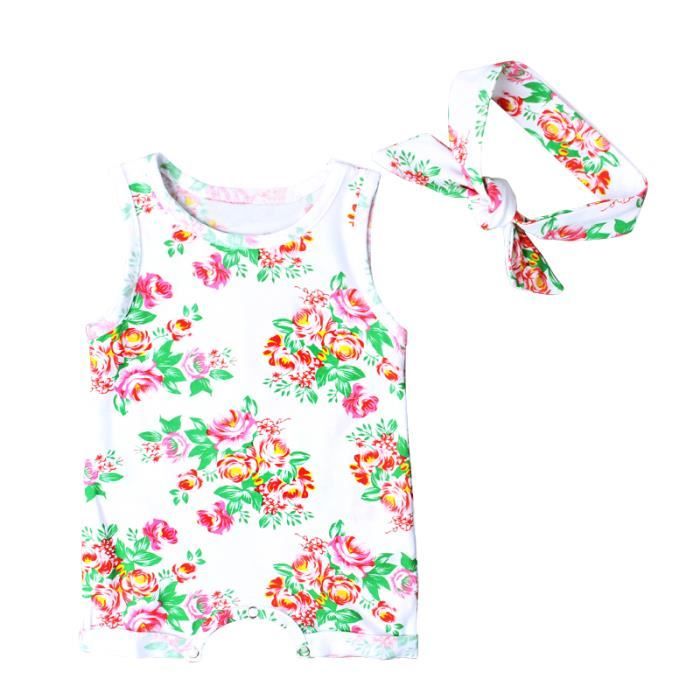 Ensemble Bébé Fille UUAISSO - Robe Barboteuse à Volants Sans Manches + Bandeau - Taille 0-18 Mois - Été