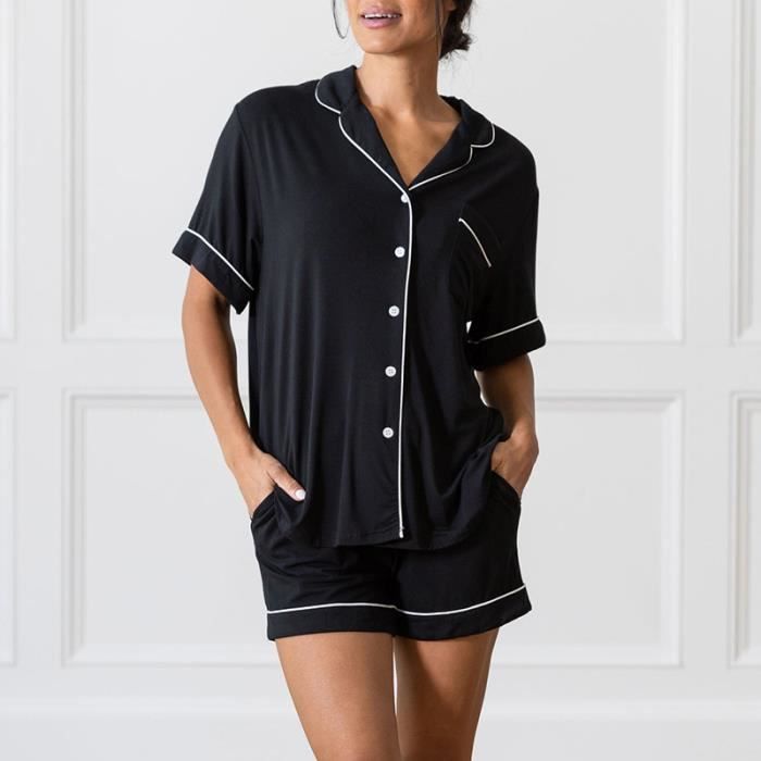 Pyjama Femme Légers Manches Courtes Chic Été INSFITY Noir Taille  elastiquee Col à pointe Bouton